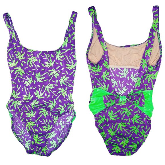 Frederick's of Hollywood Other - Vintage 90s Frederick's Of Hollywood Green Purple 1 Pc Bathing Swim Suit Bow